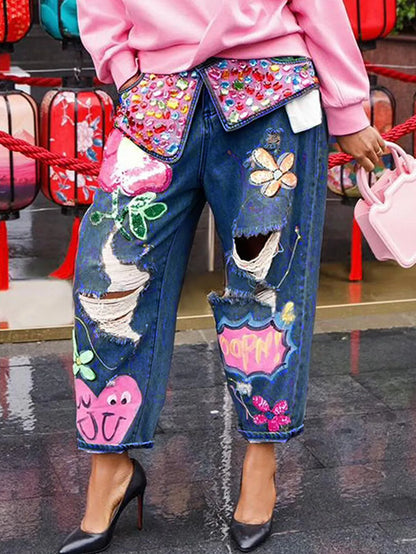 Chic Women Spring Floral Embroidery Diamonds Beaded Holes Denim Pants High Waist Loose Rhinestones Jeans Cowboy Broken Trousers DEEP BLUE CHINA