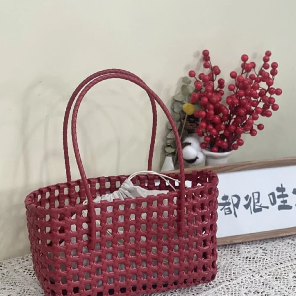 Plastic Hollow Weave Bag Countryside Style Bohemian Style Beach Tote Bag Large Capacity Bucket Bag Vegetable Basket Bag