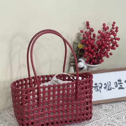 Plastic Hollow Weave Bag Countryside Style Bohemian Style Beach Tote Bag Large Capacity Bucket Bag Vegetable Basket Bag