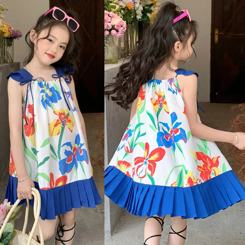 Girl Suspender Fluffy Dress Korean Style Summer Kids Flowers Printing Beach Princess Skirt Girls Breathable Knee-Length Dress
