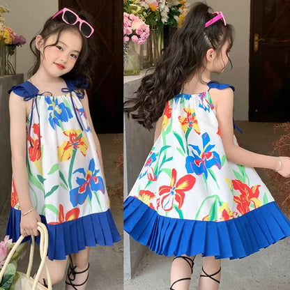 Girl Suspender Fluffy Dress Korean Style Summer Kids Flowers Printing Beach Princess Skirt Girls Breathable Knee-Length Dress