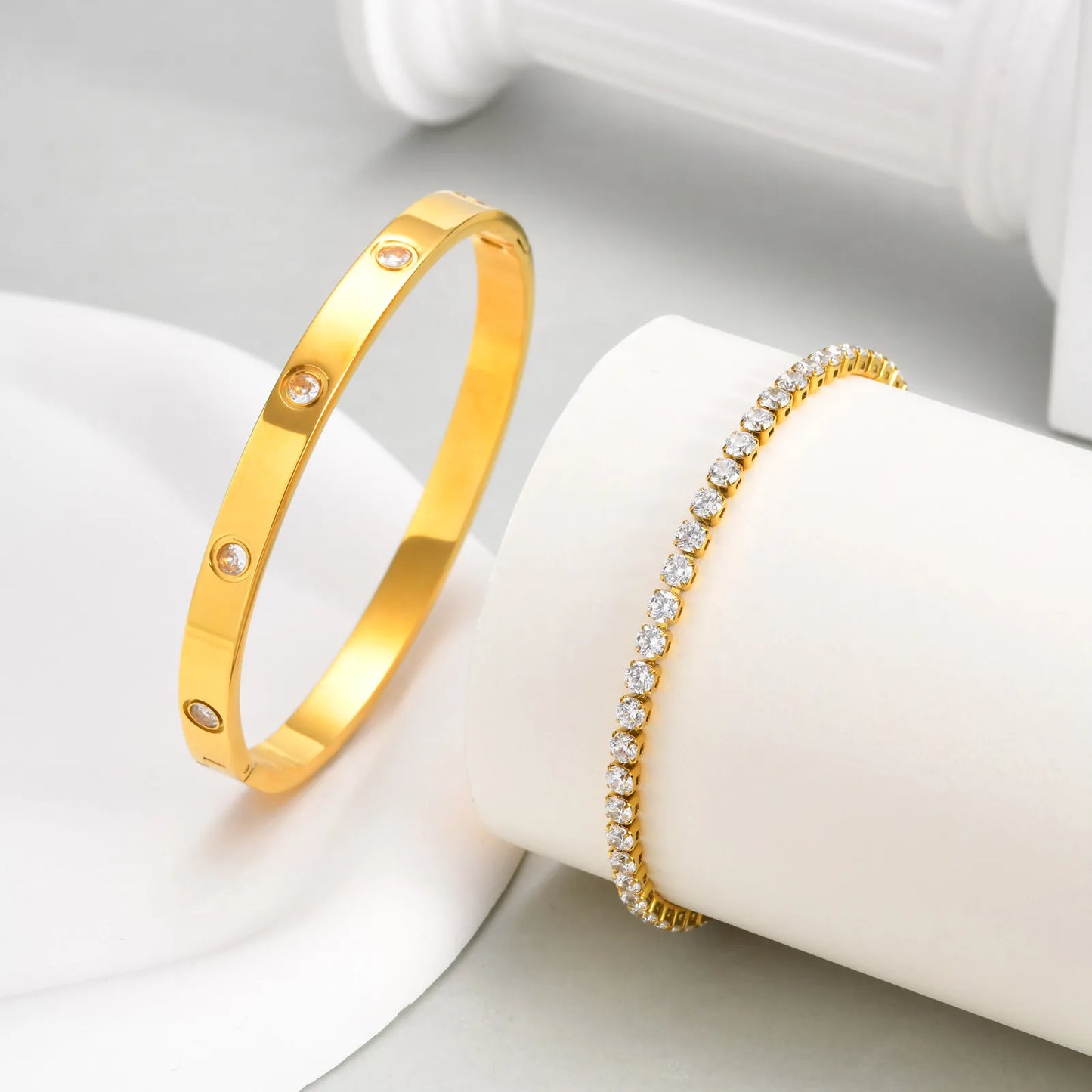 Vnox Love Tennis Chain Bracelets Round Zircon Stone Bangles Set, PVD Stainless Steel Women Jewelry Set Gift for Mom Mothers Day Badiee Stylez