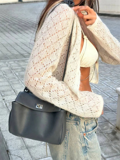 Tossy Summer Knitwear Hollow Out Cardigan Female Long Sleeve Casual Cropped Top Patchwork See-Through Knit Cardigan Outwear 2025