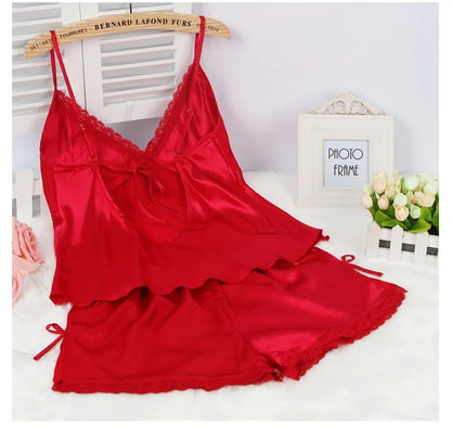 Black Pajamas Suit Lace Up Cami&shorts Set 2Pcs Satin Home Clothes Lady Sexy Lingerie Sleepwear Loungewear Plus Size 3Xl