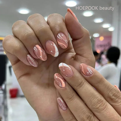 24pcs Nude French Fake Nails White Edge Almond False Nails Art Full Coverage Removable Waterproof Artificial Press on Nail W458