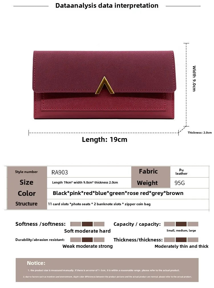New Korean version women's wallet long V-shaped buckle three fold wallet for women, hand-held bag, change card bag