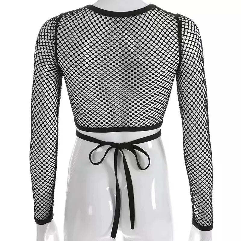 Sexy Grid Hollow Out Cross Strap Bare Midriff T Shirt Women Long Sleeves Bottoming Shirt Ladies Tee Shirt Tops Camisetas Mujer