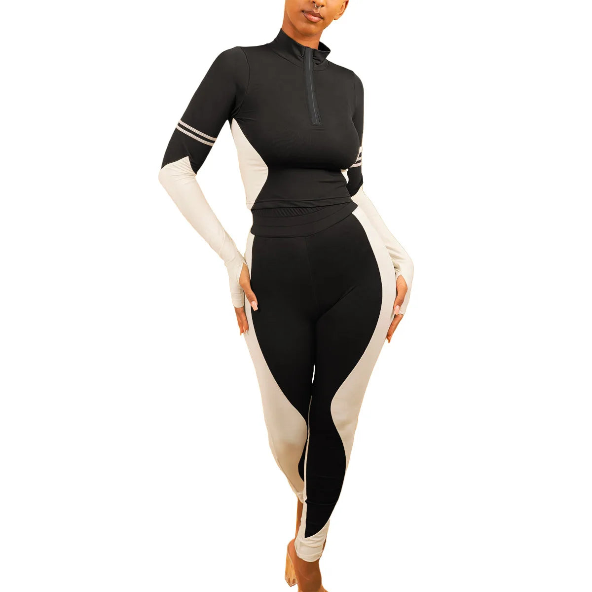 Y2K Color Matching Women'S Set Sweatsuit Two Piece Outfits Ladies' Standing Collar Sports Suit Slim Fit Long Sleeved Long Pants Badiee Stylez
