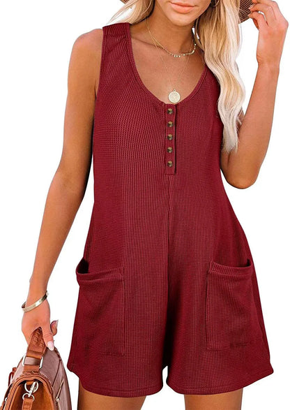 Women Loose Overalls Boho Solid Color V Collar  Pocket Sleeveless Rompers Summer Casual Clothes Short Jumpsuit Badiee Stylez
