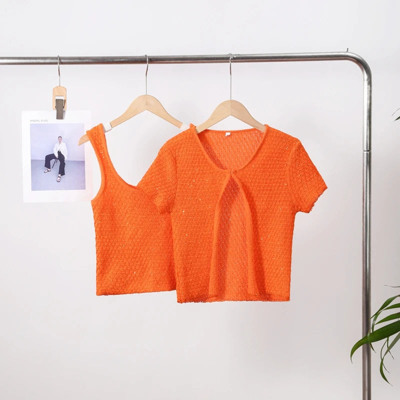 Elegant Sequined Orange Cardigans Women Y2k O-neck Short Sleeve One Button Female Tops 2025 Street Summer Lady Chic Knitwear