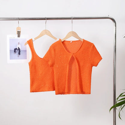 Elegant Sequined Orange Cardigans Women Y2k O-neck Short Sleeve One Button Female Tops 2025 Street Summer Lady Chic Knitwear