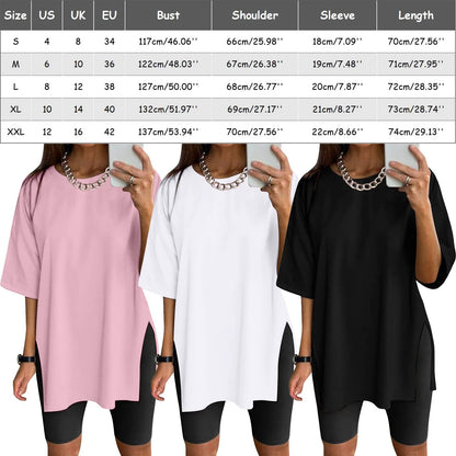 Extra Long Tops Women Oversize Sports Short Sleeve Blouses Summer Loose Tops Crew Neck Solid Large Size Side Split Pullover