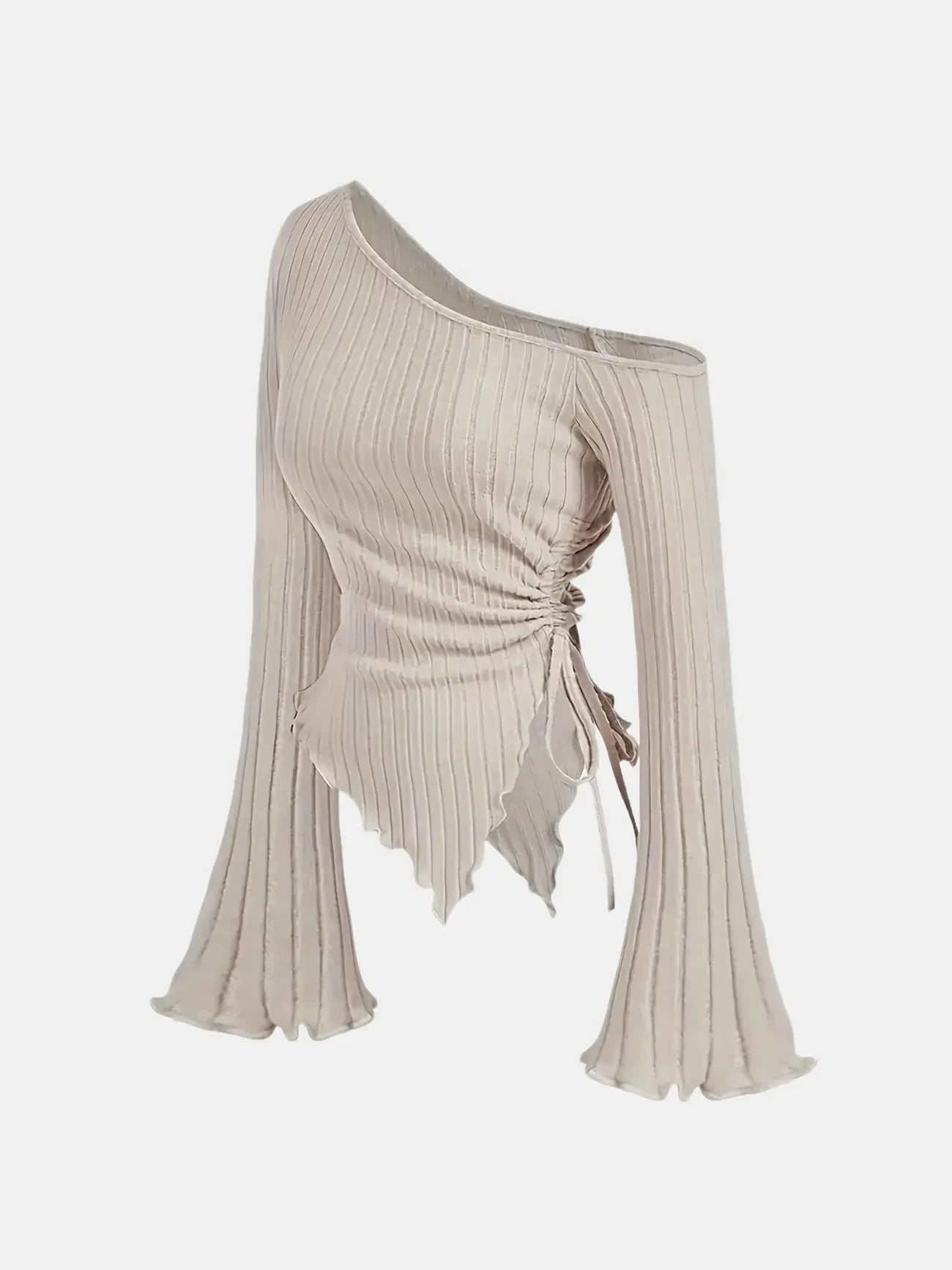 women's New off shoulder cross long sleeved slim fit casual street style asymmetrical elegant T-shirt trumpet sleeve top Khaki