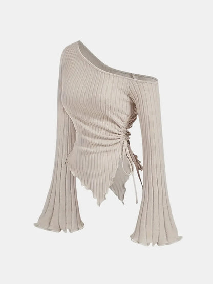 women's New off shoulder cross long sleeved slim fit casual street style asymmetrical elegant T-shirt trumpet sleeve top Khaki