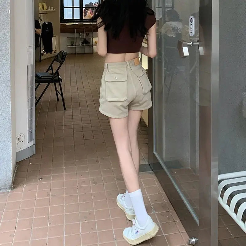 Khaki Pocket Baggy Short Jean Pants Woman Summer Korean Style Clothing Harajuku Fashion High Waist Cargo Denim Shorts for Women Khaki Denim Shorts