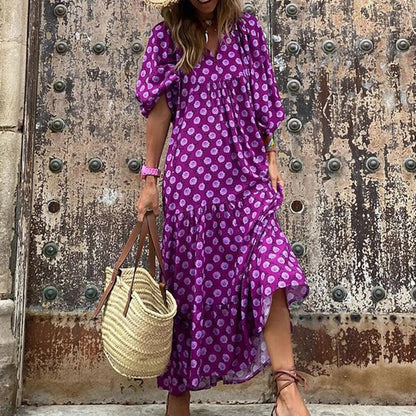 Puff Sleeve Boho Maxi Dress Elegant Women Summer 2022 Casual Floral Drawstring V-Neck Loose Holiday Beach Dresses Party Vestidos Badiee Stylez