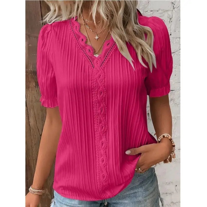 Sexy V Neck Patchwork Blouse Shirts Summer Female Short Lantern Sleeve Holiday Loose Blouse Tops SZE-ST23053