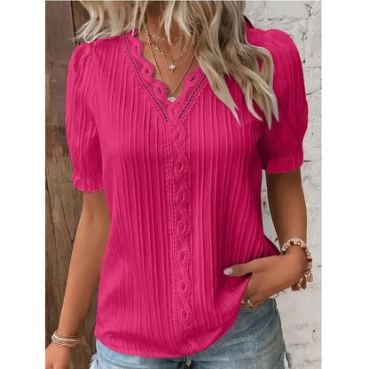 Sexy V Neck Patchwork Blouse Shirts Summer Female Short Lantern Sleeve Holiday Loose Blouse Tops SZE-ST23053