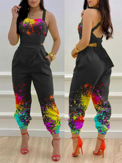 New Summer Fashion Printed Sleeveless Jumpsuit Sexy Hollow Backless Lace Up Long Jumpsuits Elegant Casual Jumpsuit With Pocket Badiee Stylez