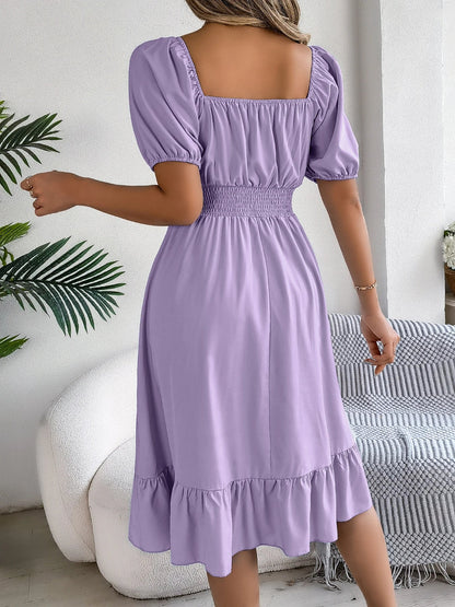 Spring and Summer Elegant High Waisted Dress Square Neck Short Sleeved Ruffled Edge Long Dresses for Women Badiee Stylez