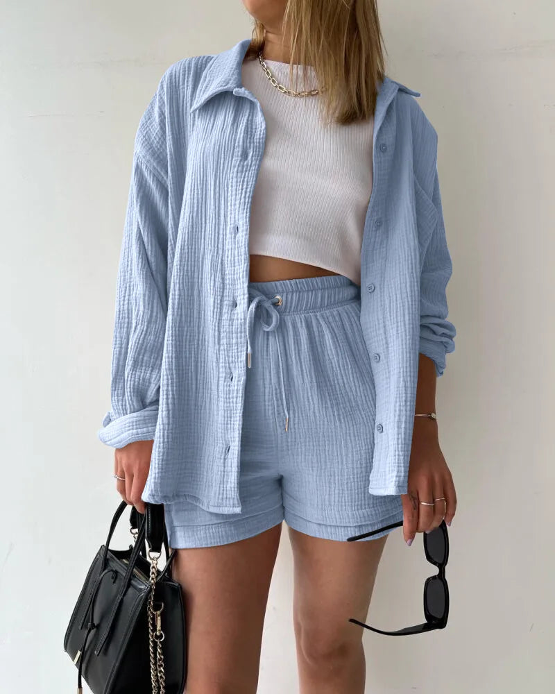 Short Sets Women Tracksuit Single Breasted Cardigan Blouses Two Pieces Shorts Loose Button High Street Solid Pockets Folds