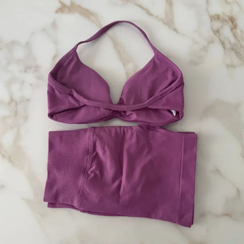 Impact Gym Set Women Two Piece Strappy Yoga Bra Top Workout Scrunch Shorts Suit Fitness Clothes Seamless Sportswear Workout Set Rose purple
