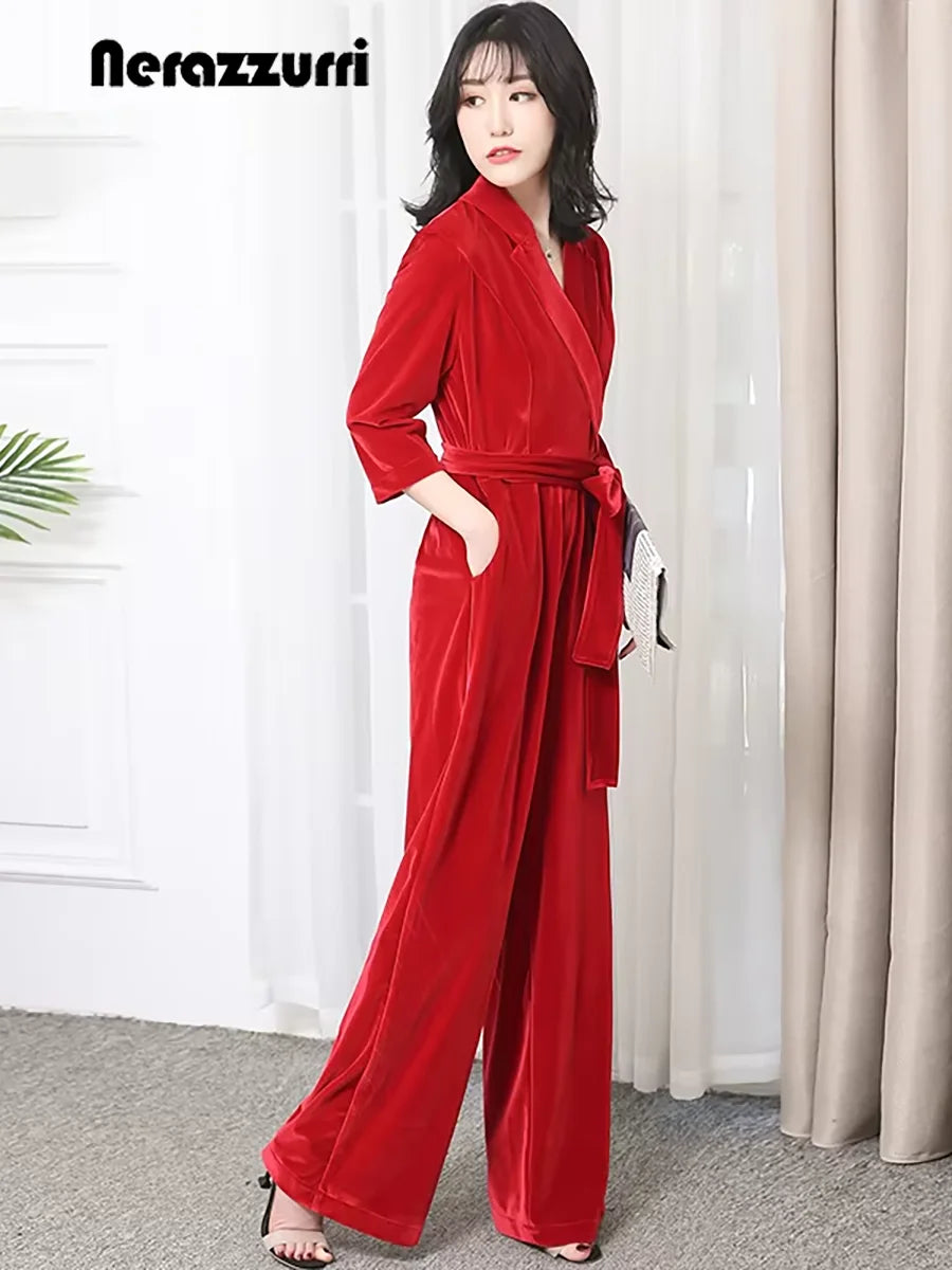 Nerazzurri Spring Autumn Long Soft Flowy Red Velvet Jumpsuit Women with Sleeves Sashes Maxi Black Wide Leg Floor Length Clothes Badiee Stylez