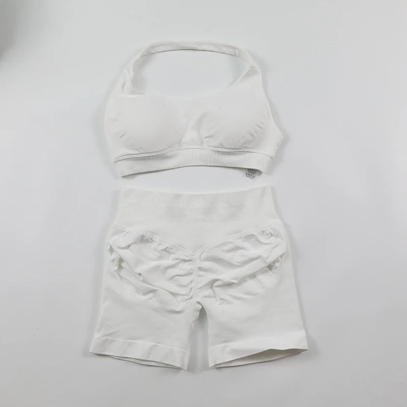 Fitness Shorts Sets Seamless Yoga Set Women 2Pcs Halter Sports Bra Scrunch Butt Gym Shorts Set Workout Clothes Summer Sportswear Badiee Stylez