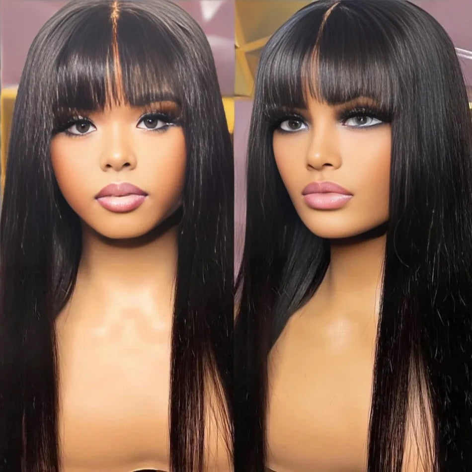 3x1 Middle Part Lace Wig Bone Straight Cheap Wigs Full Machine Made Human Hair Wig with Bangs for Women on Clearance Sale United States 2Pcs