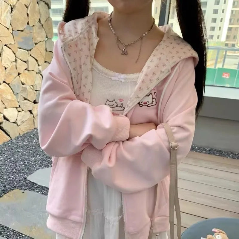 Harajuku Korean Kawaii Hooded Coat Women Thin Long Sleeve Zipper Cardigan Y2K Streetwear New Mid-length Loose Jackets