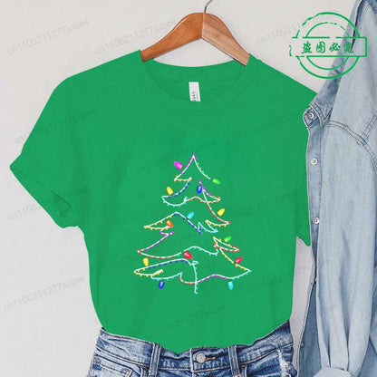 Women's Casual T-Shirts Christmas Lights Xmas Tree Print T-Shirt Christmas Party Design Tops Short Sleeve Ladies T Shirts Tops