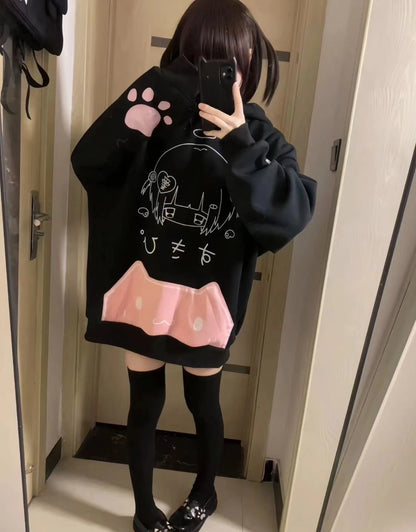 Japanese Cartoon Print Fleece Hoodies Women Harajuku Gothic Cat Ears Hooded Vintage Hoody Streetwear Y2k Aesthetic Sweatshirt