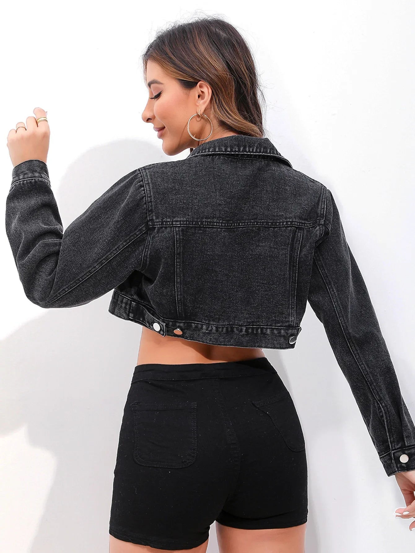 Women's Spring Denim Top with Stylish Lapel and Long Sleeves in Solid Color Individuality High-waisted, Cropped Denim Jacket