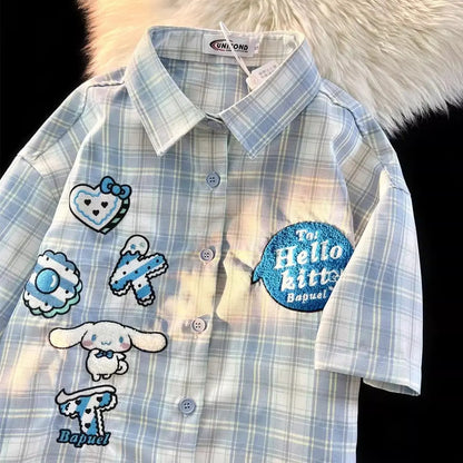 Hello Kitty Cute Short Sleeve Polo Shirts Women Sanrio Designer College Style Summer Blouse Korean Clothes Y2k New Fashion Tops C