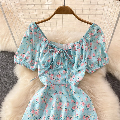 Summer Vintage Dress Blue Floral Summer Bubble Sleeve Tie Up Sexy Dresses Women A-line Print Split Long Dress Elegant Vestidos