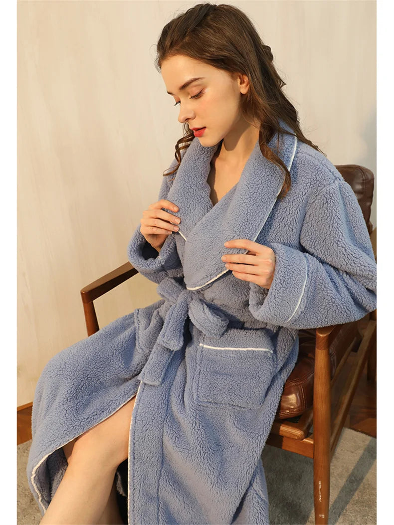 Men's Winter Bathrobe Long Sleeve Warm Turn Down Collar Man Fluffy Bath Robe With Sashes Solid Fleece Dressing Gown For Male