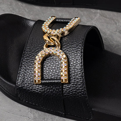 Women's summer fashion gold decorative buckle non slip light comfortable breathable round head indoor and outdoor slippers