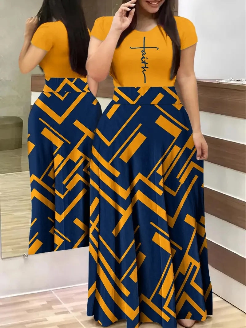 Plus Size European and American women's cross-border summer new casual printed patchwork short sleeved dresses 1