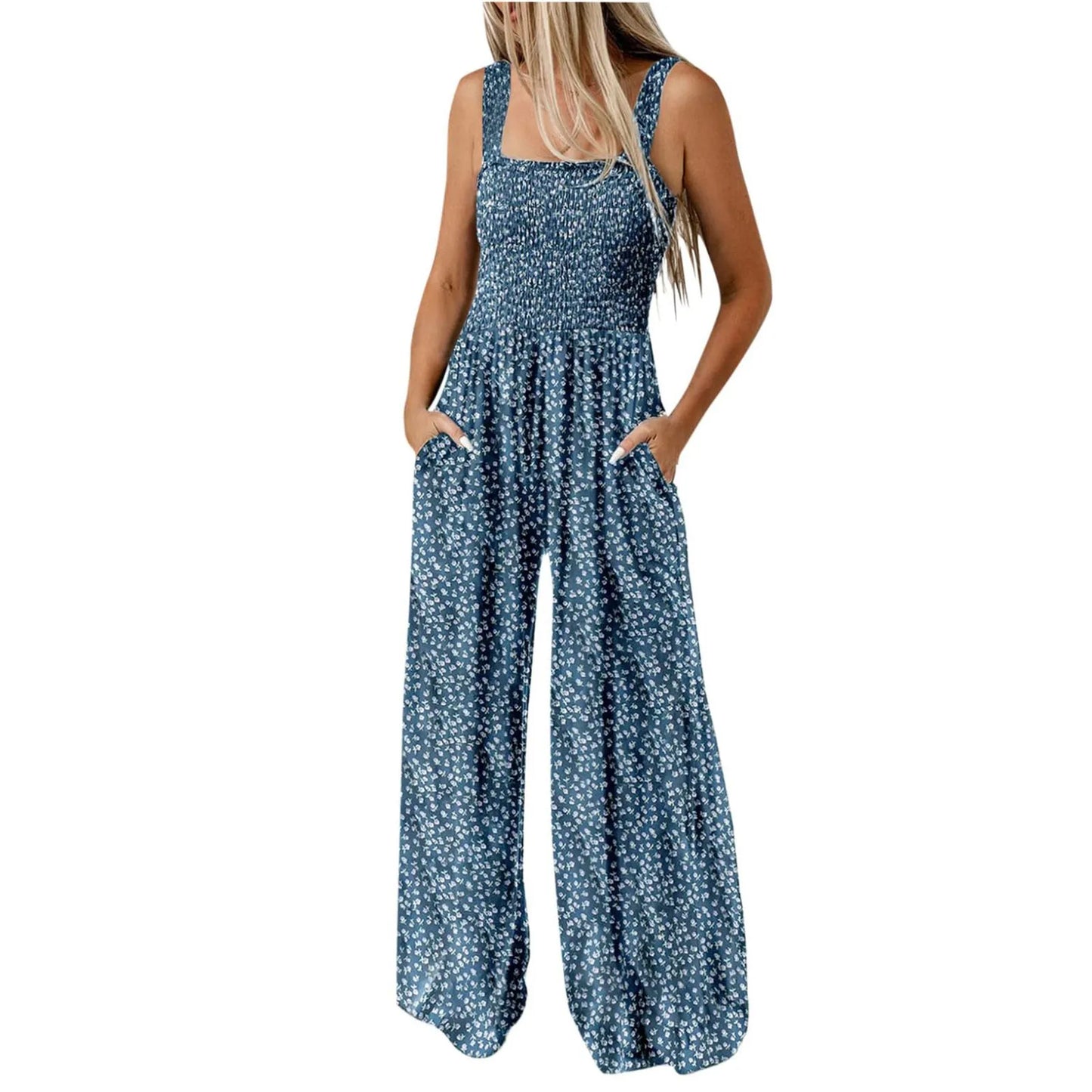 Women'S Suspender Jumpsuits Fashion Trend Pleated Shoulder Straps Printed Pocket Loose Wide Leg Jumpsuits Daily Casual All-Match Blue