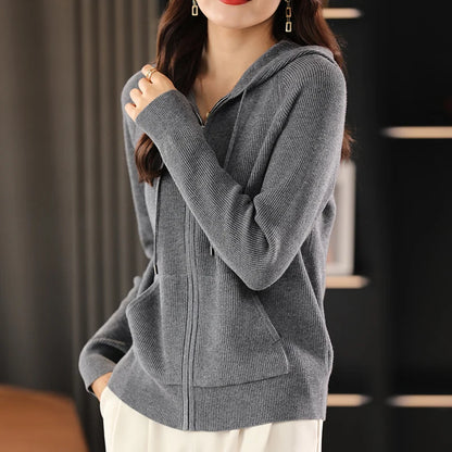 Women Cardigans Autumn Winter Turn-down Collar Zip Front Cardigan Thick Loose Sweater Basic Warm Knit Casual Korean Outerwear Dark Grey