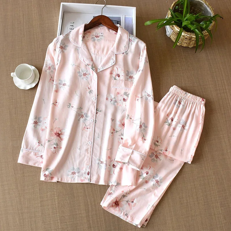 Japanese style new spring and summer women's pajamas Viscose fiber silk long-sleeved trousers suit flower printing home service Pink flower