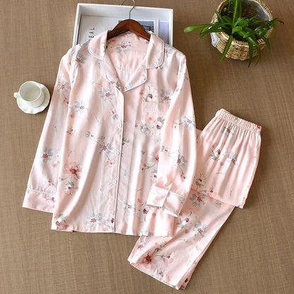 Japanese style new spring and summer women's pajamas Viscose fiber silk long-sleeved trousers suit flower printing home service Pink flower