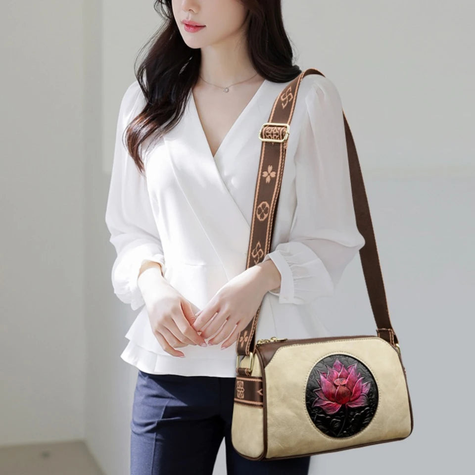 Three Layers Women Handbag Soft Leather Shoulder Crossbody Bags for Women Flower Print Ladies Messenger Bag with WIde Strap