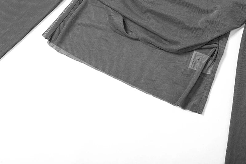 Solid Slash Neck Crop Tops Sexy Off Shoulder Straps Long Sleeve T-Shirts Slim Mesh Tees Y2K Streetwear Women