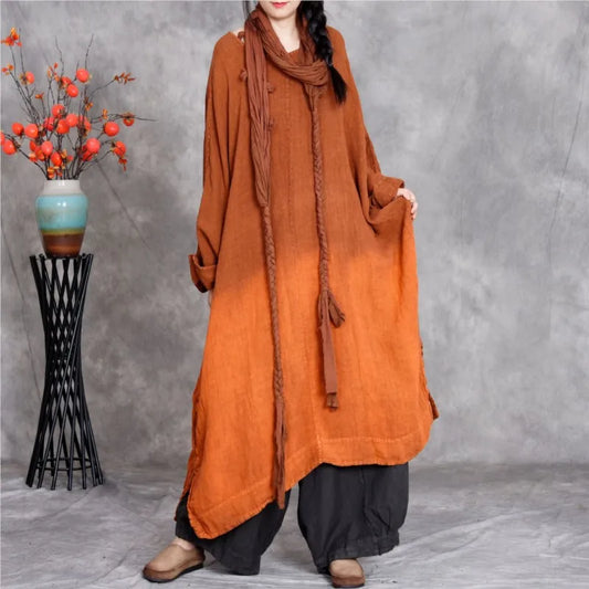 Johnature Women Vintage gradient color Dress Linen Autumn Robes 2025 New O-Neck Bat Sleeve Loose Female Dresses Badiee Stylez
