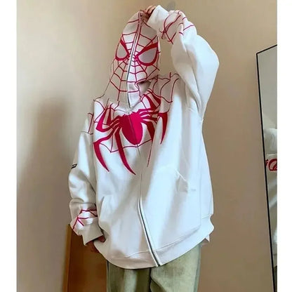 American Style Spiderman Sweatshirt Men Hip Hop Heavyweight Hardcore Cardigan Jacket Spring Autumn Design Sensibility Hooded Top WHITE