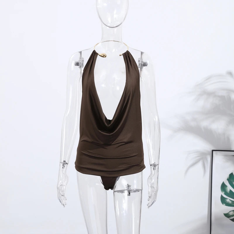 Sexy Metal Halter Deep V-neck Jumpsuits Women High Street Backless Sleeveless Short Bodysuit 2025 Summer New Lady Slim Clubwear Brown
