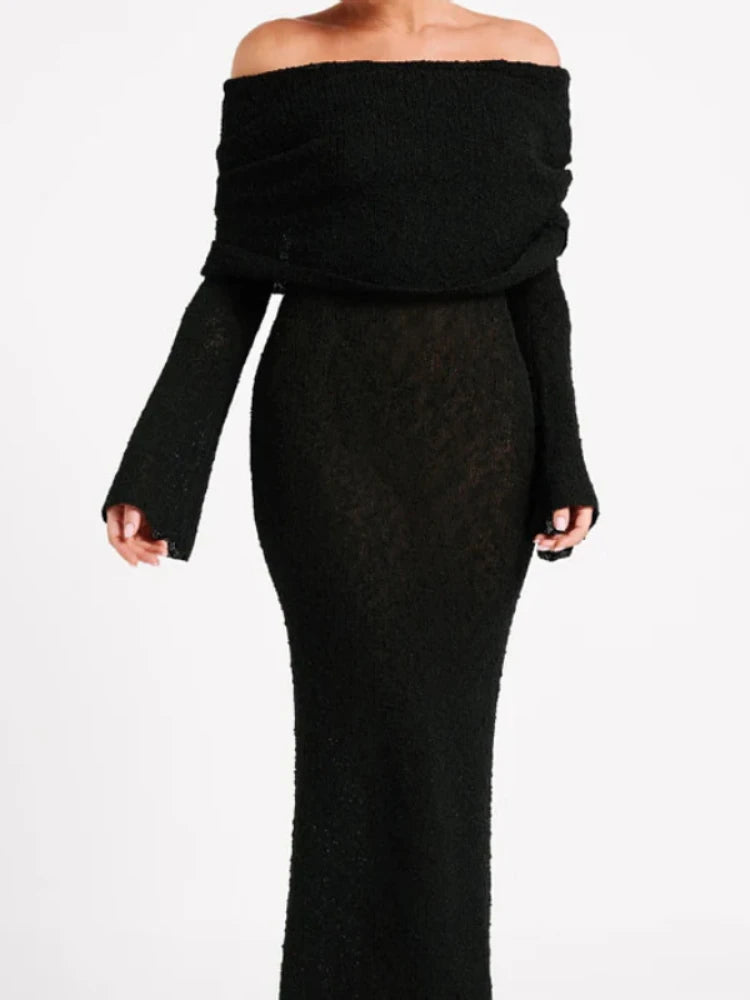 Leosoxs Slash Neck Knitted Dress Women Thin Autumn Long Sleeve Elegant Vacation Beach Party Midnight Clubwear Mini Bodycon Black Long