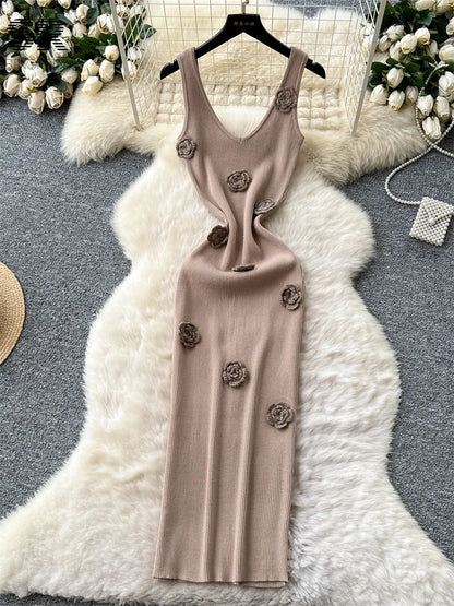 SINGREINY Knitted 3D Flower Chic Dress Sleeveless Slim Solid Elastic Sundress Women Summer Casual Fashion Bodycon Long Dresses khaki One Size