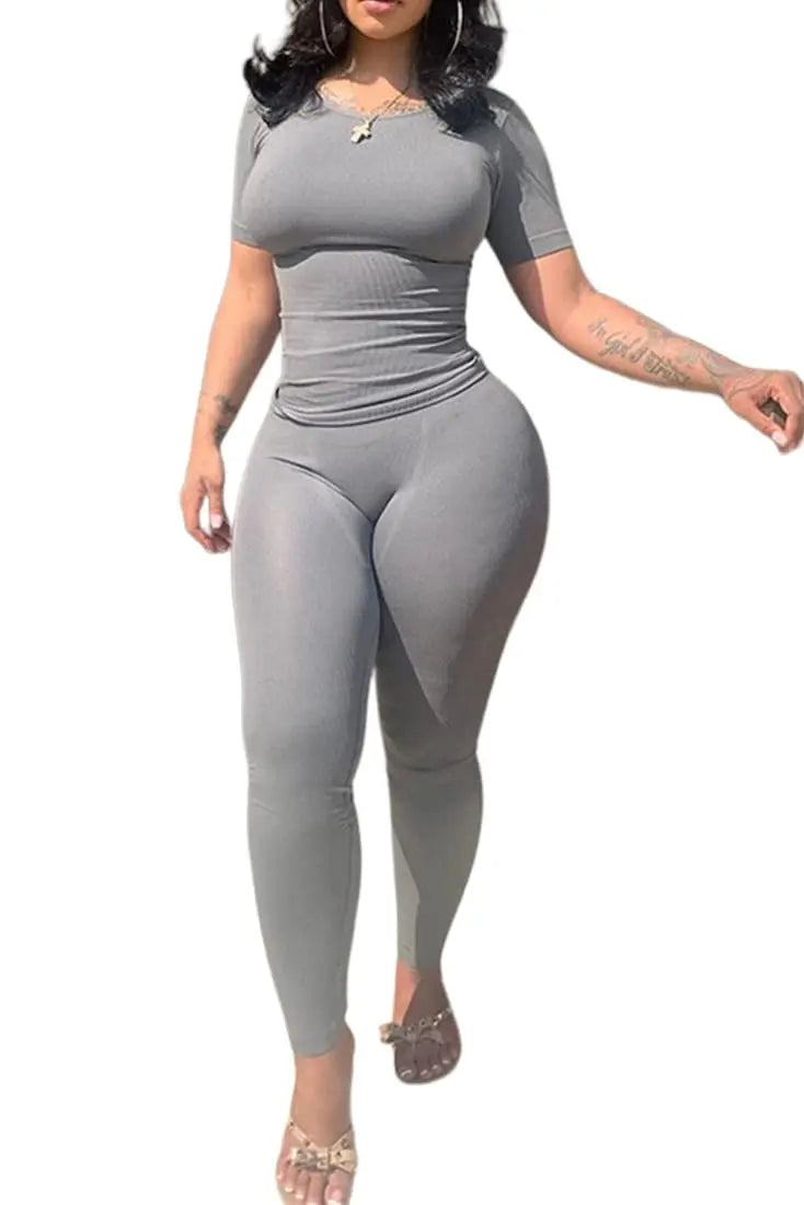 Lounge Wear Ribbed Casual 2 Piece Summer Shorts Set For Women Sleeve Top+Elastic Leggings Outfits